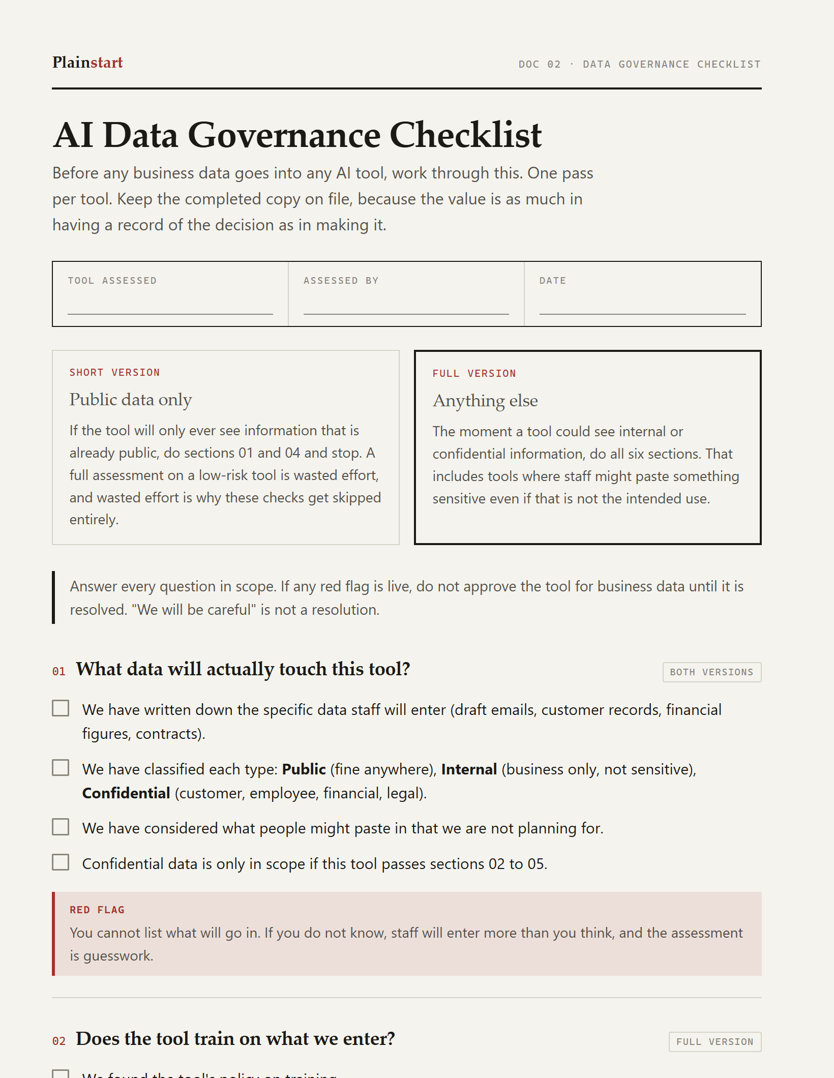 The Data Governance Checklist, one page of the kit